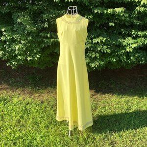 70s vintage maxi dress pastel yellow  silver sequins beaded glitter | M-L |